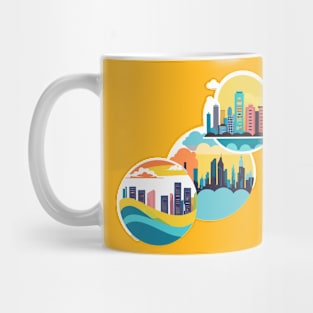 t-shirt design, colorful city skyline with buildings and clouds, vector art Mug